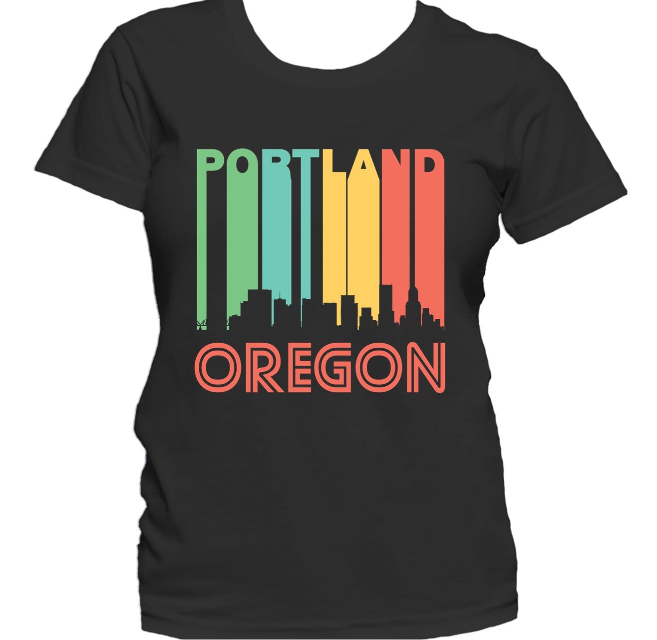 Retro 1970's Style Portland Oregon Cityscape Downtown Skyline Women's T-Shirt