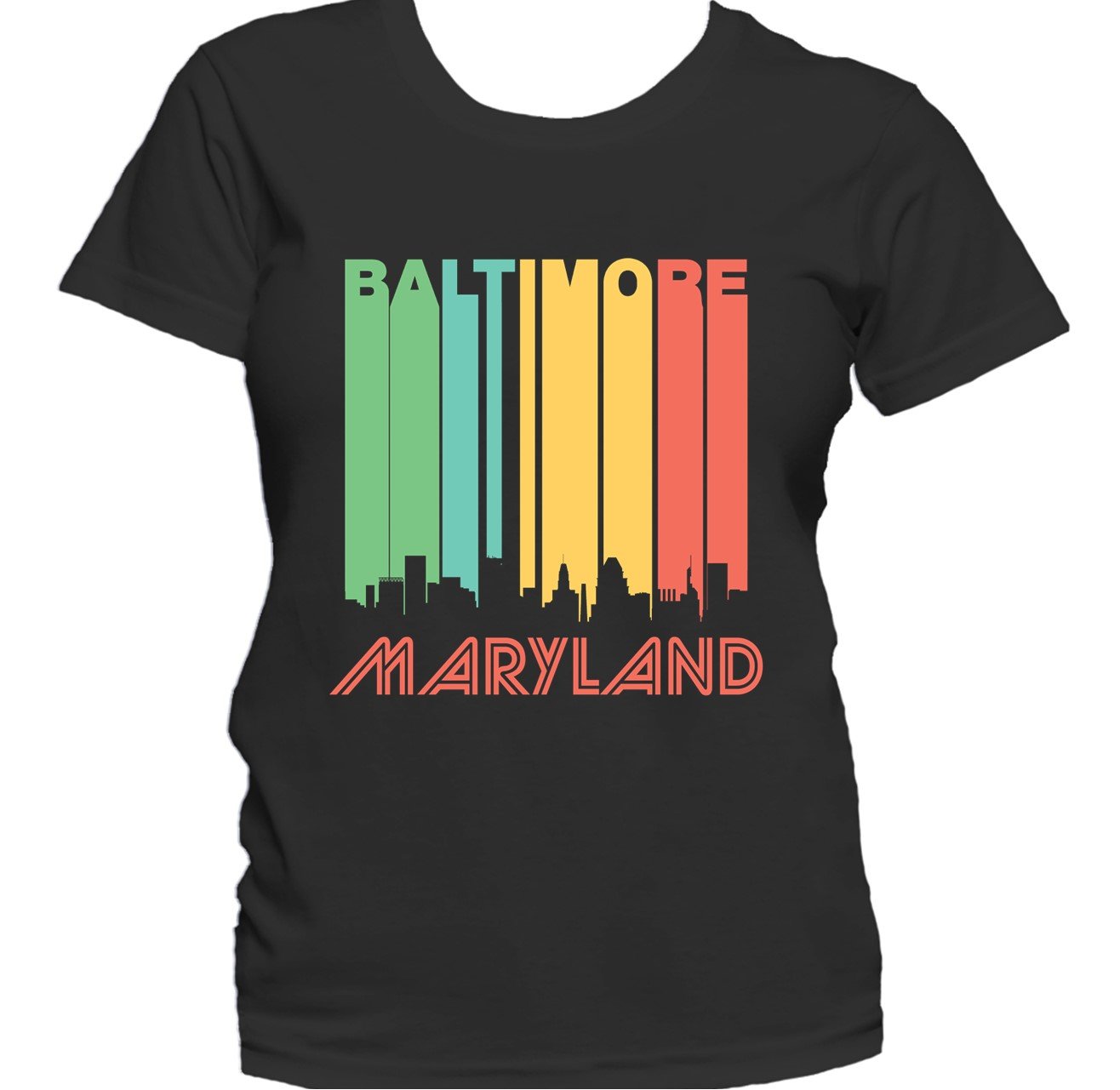 Retro 1970's Style Baltimore Maryland Downtown Skyline Women's T-Shirt