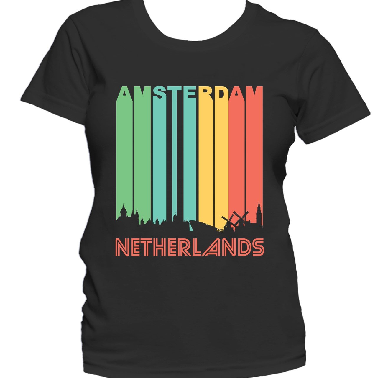 Retro 1970's Style Amsterdam Netherlands Cityscape Downtown Skyline Women's T-Shirt