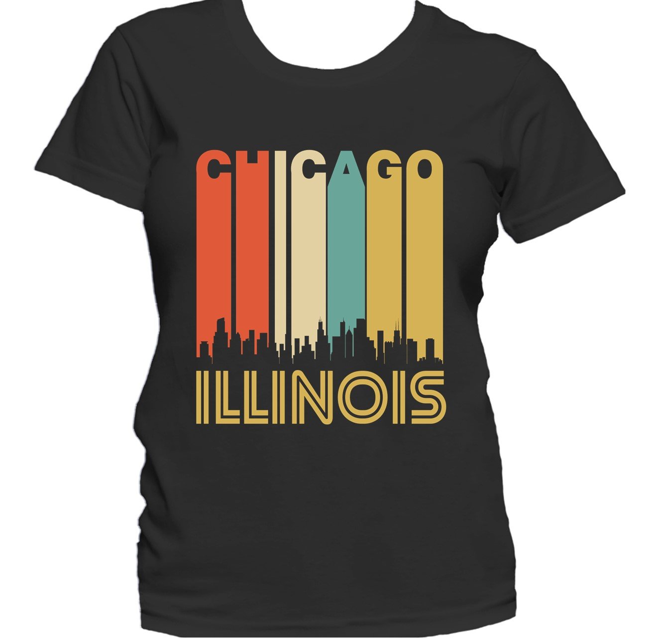 Retro 1970's Style Chicago Illinois Cityscape Downtown Skyline Women's T-Shirt