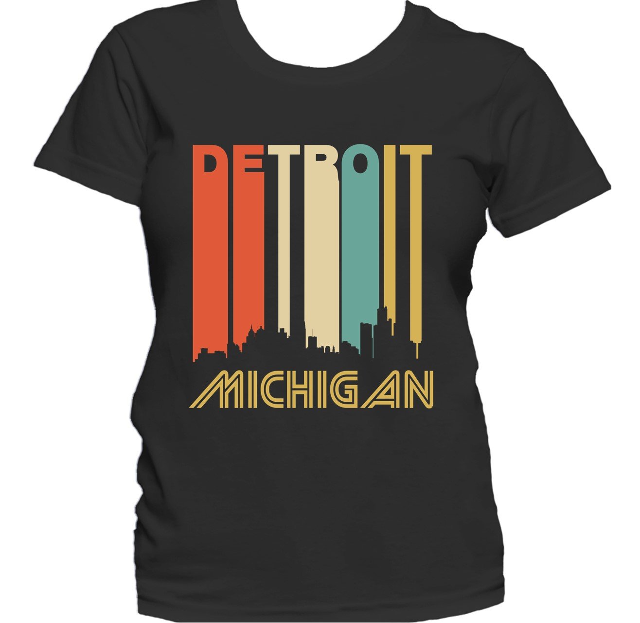 Retro 1970's Style Detroit Michigan Cityscape Downtown Skyline Women's T-Shirt
