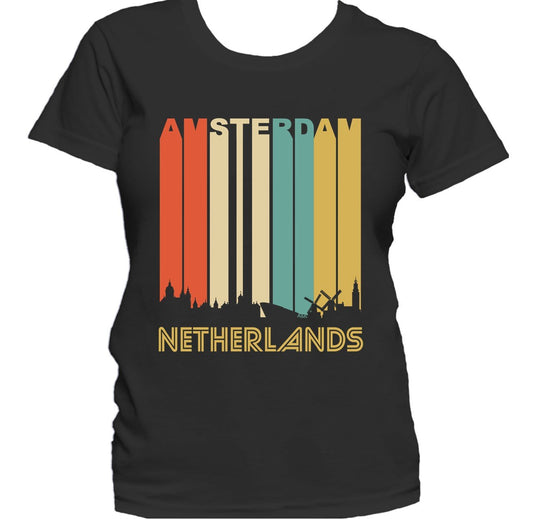 Retro 1970's Style Amsterdam Netherlands Cityscape Downtown Skyline Women's T-Shirt