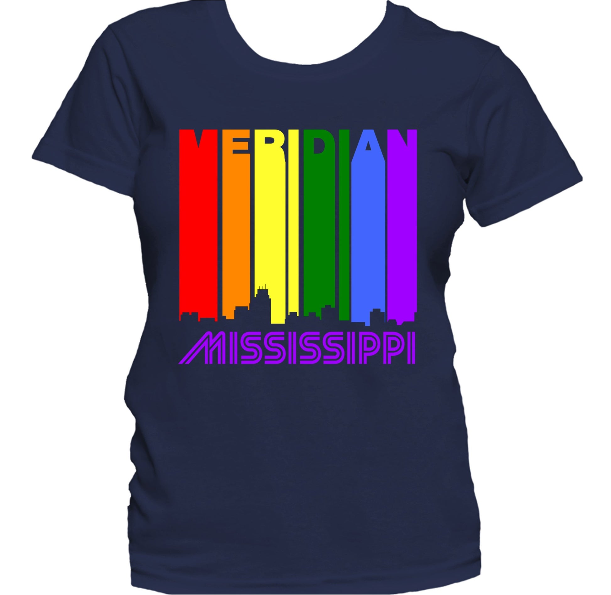 Meridian Mississippi LGBTQ Gay Pride Rainbow Skyline Women's T-Shirt