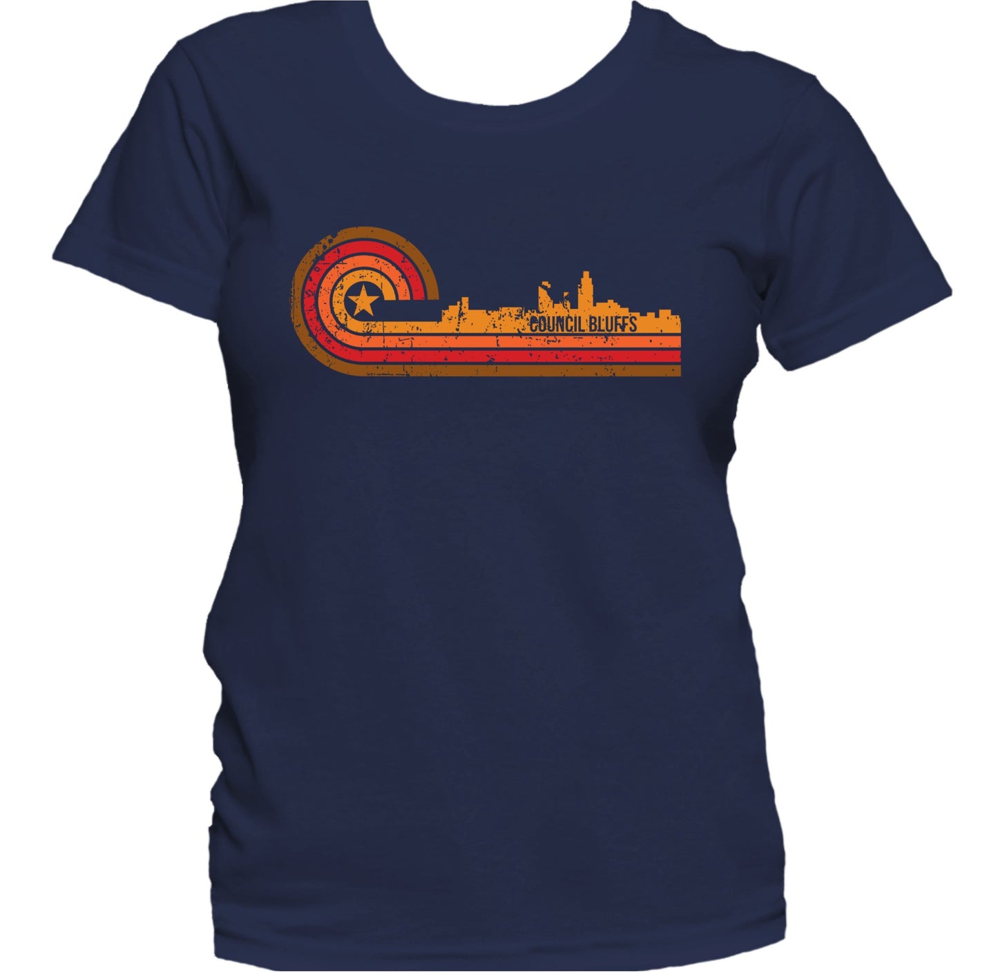 Retro Style Council Bluffs Iowa Skyline Distressed Women's T-Shirt