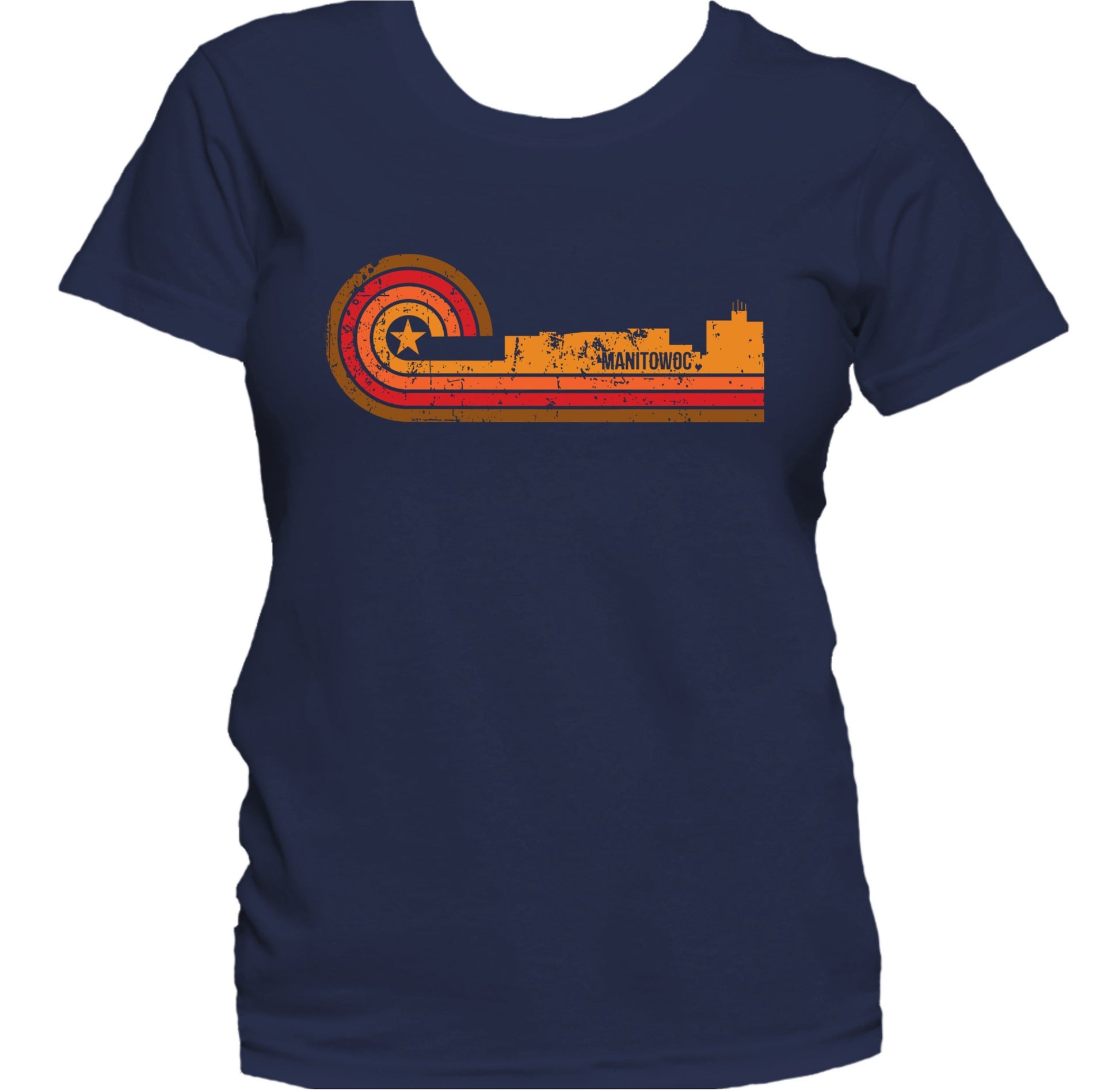Retro Style Manitowoc Wisconsin Skyline Distressed Women's T-Shirt