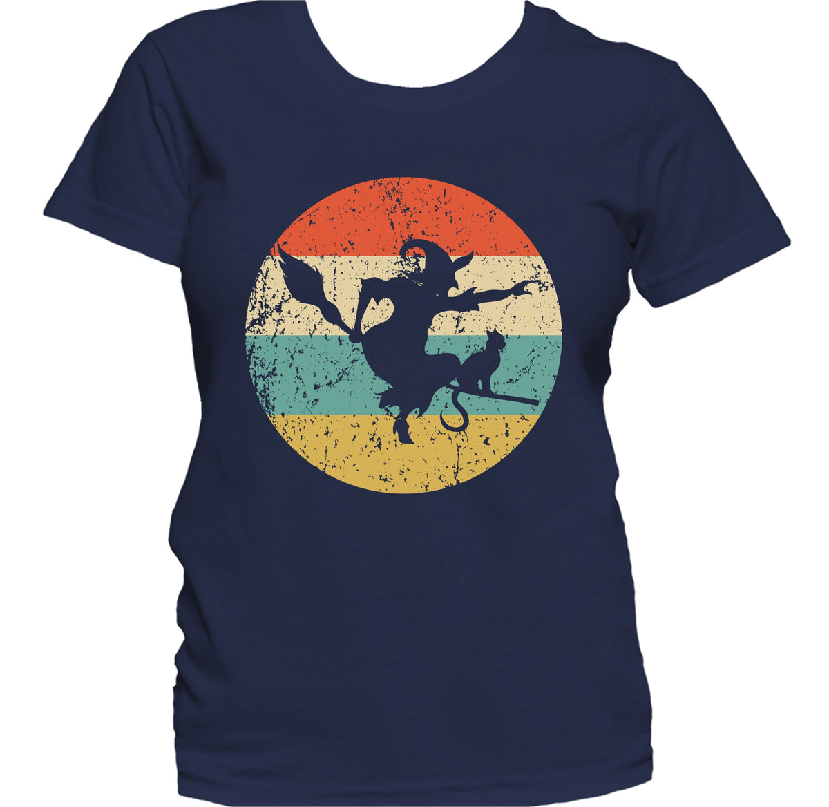 Retro Spooky Scary Flying Witch on Broom Stick Halloween Women's T-Shirt