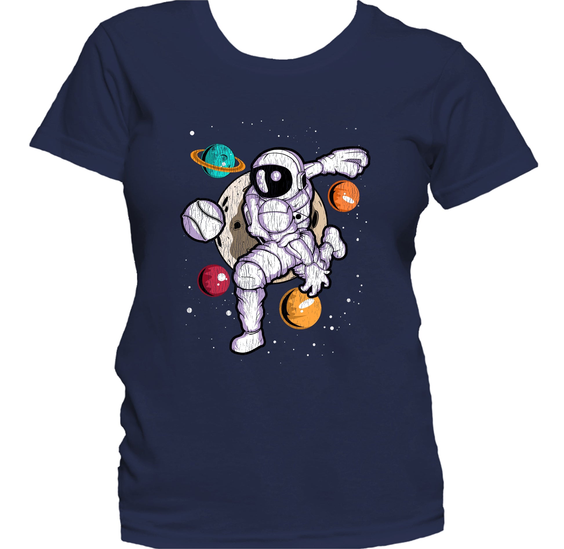 Baseball Pitcher Astronaut Outer Space Spaceman Distressed Women's T-Shirt