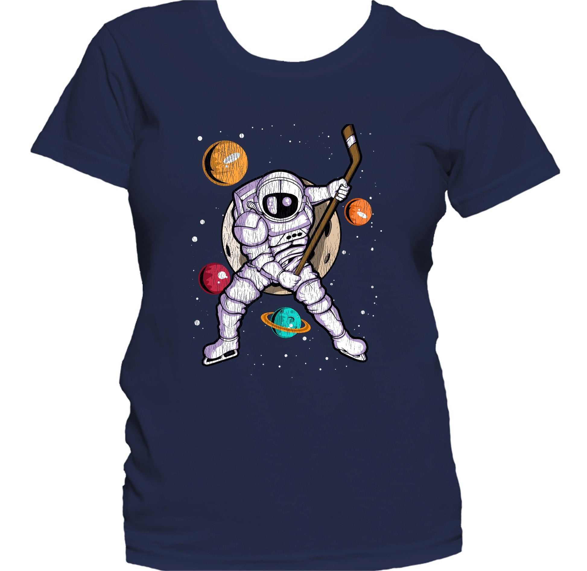 Hockey Astronaut Outer Space Spaceman Distressed Women's T-Shirt