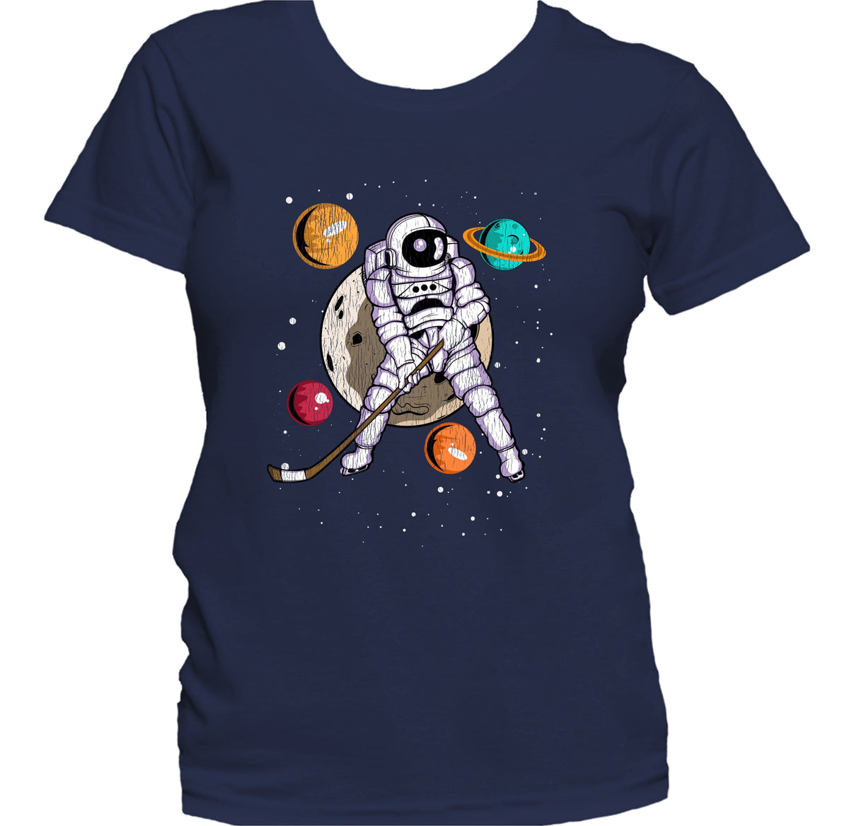 Hockey Astronaut Outer Space Spaceman Distressed Women's T-Shirt