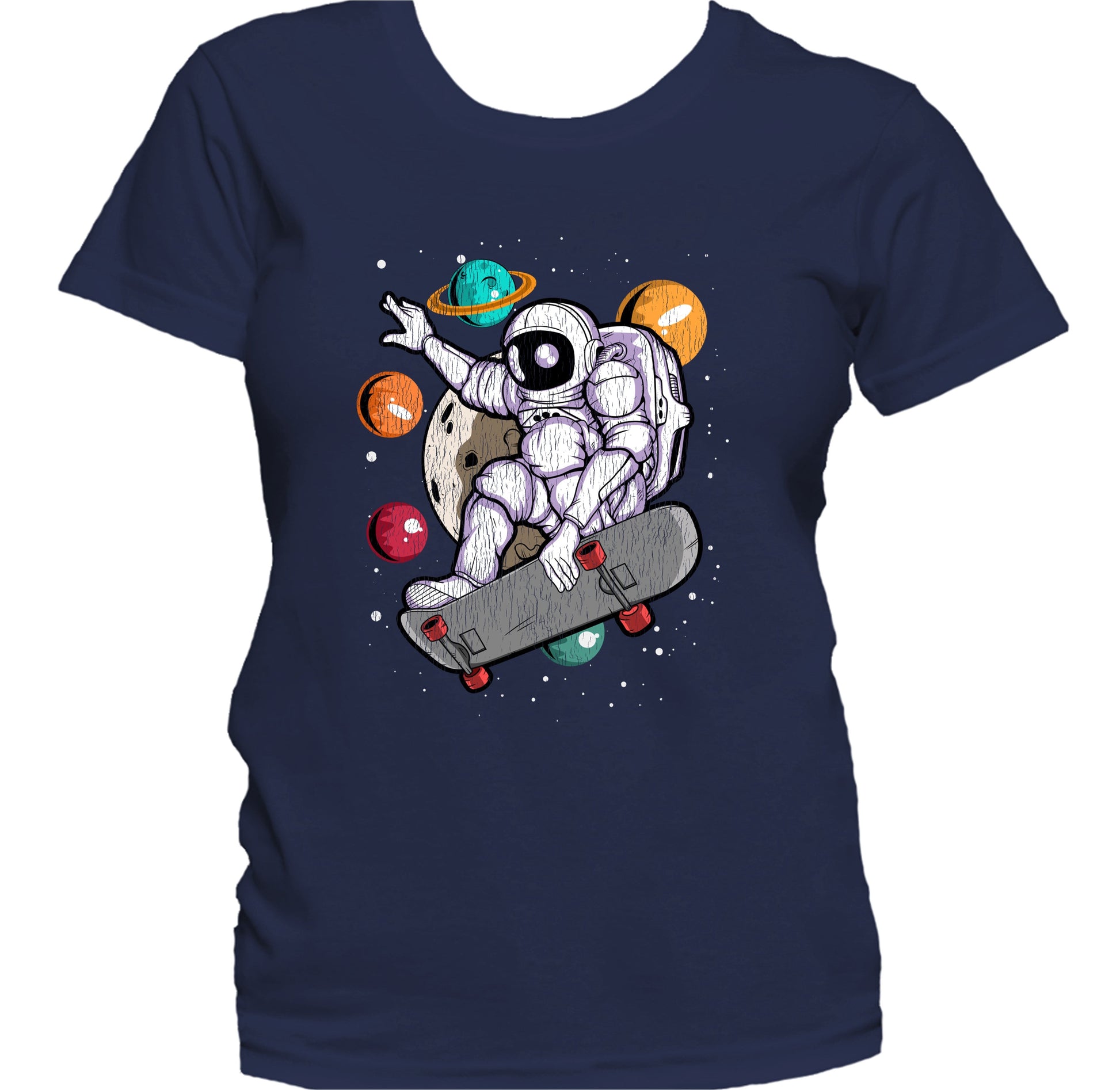 Skateboarding Astronaut Outer Space Spaceman Skater Distressed Women's T-Shirt