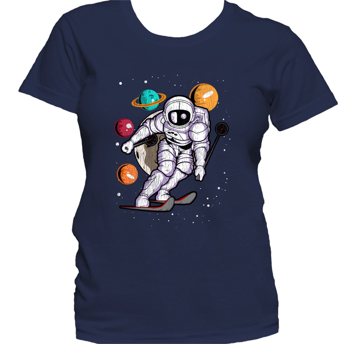 Skiing Astronaut Outer Space Spaceman Distressed Women's T-Shirt
