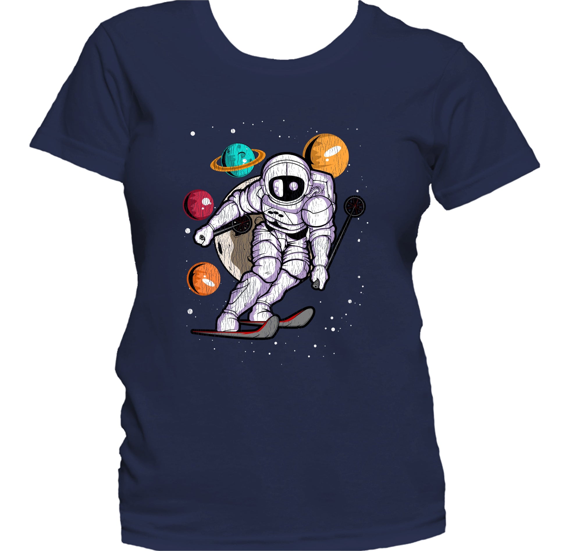 Skiing Astronaut Outer Space Spaceman Distressed Women's T-Shirt