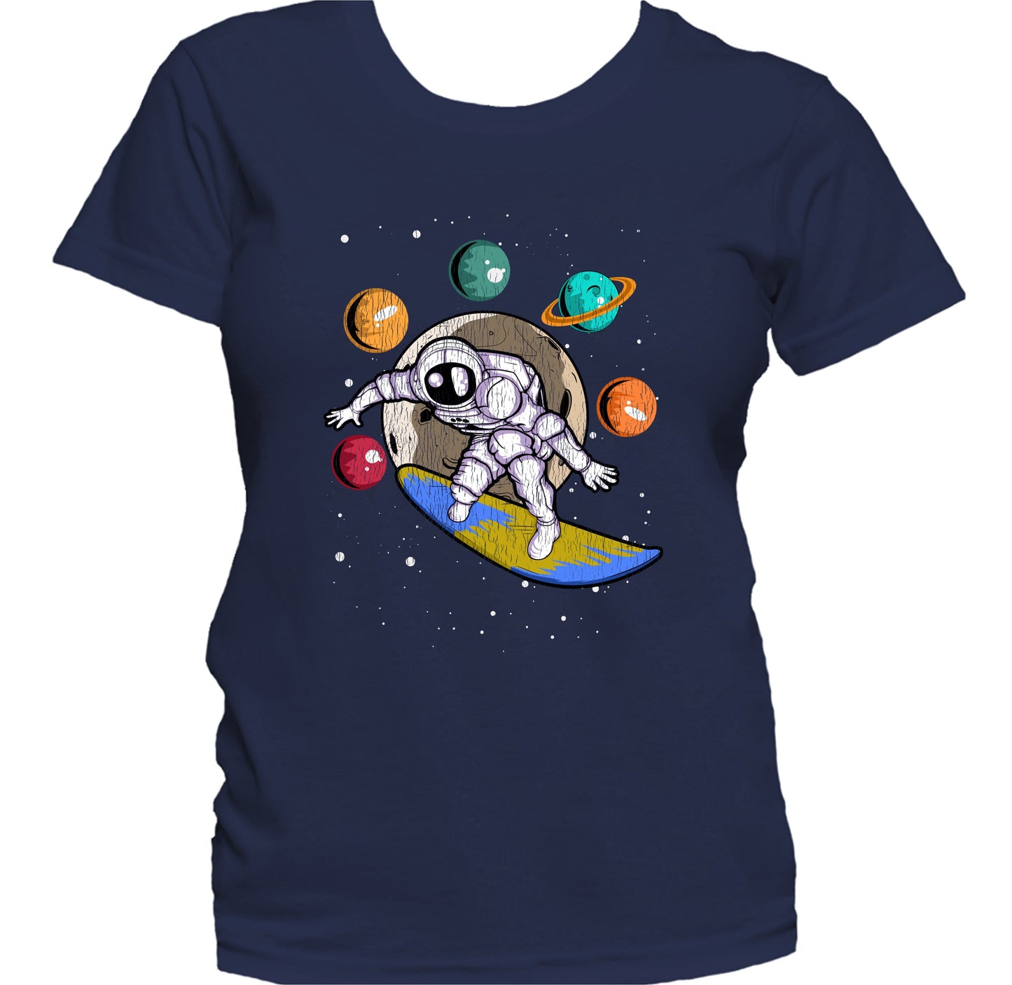 Surfing Astronaut Outer Space Spaceman Distressed Women's T-Shirt