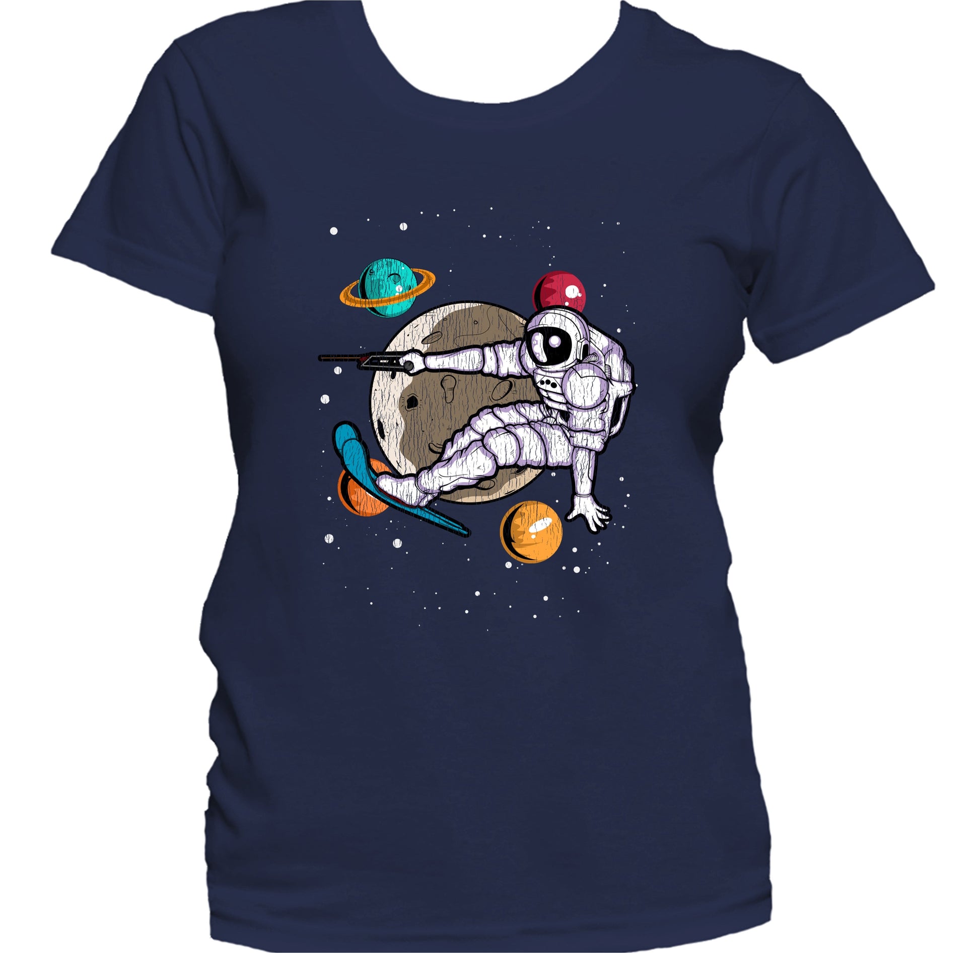 Waterskiing Astronaut Outer Space Spaceman Distressed Women's T-Shirt