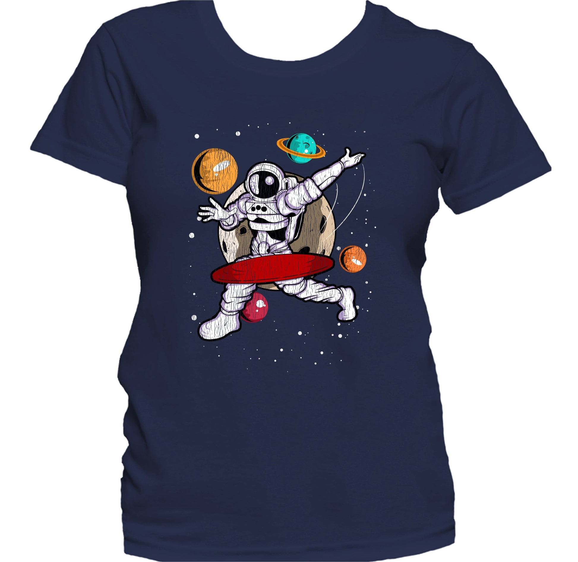 Disc Golf Astronaut Outer Space Spaceman Disc Golf Distressed Women's T-Shirt