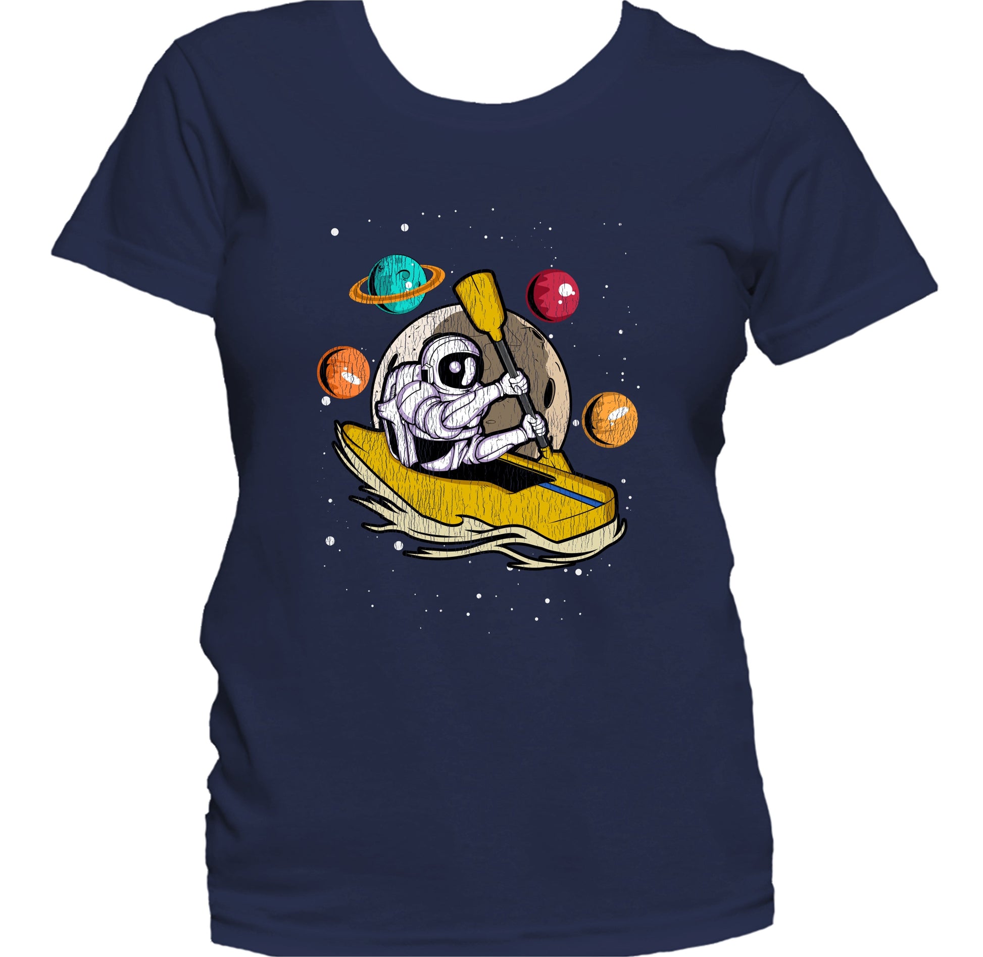 Kayaker Astronaut Outer Space Spaceman Kayaking Distressed Women's T-Shirt