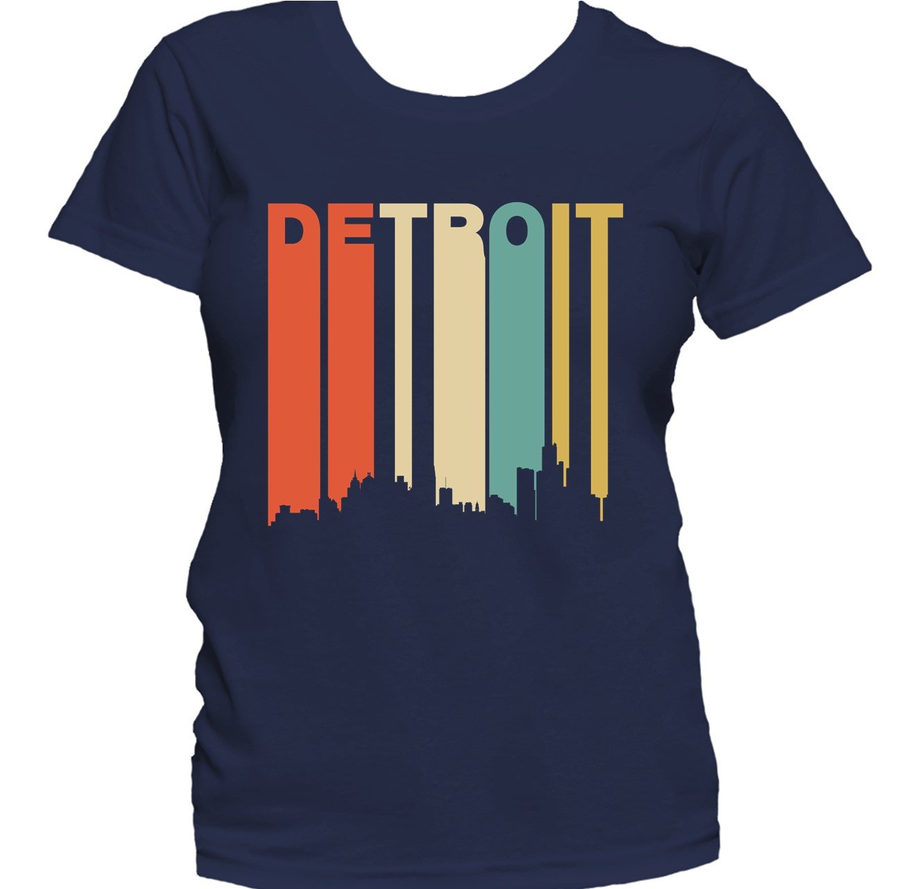 Retro 1970's Style Detroit Michigan Cityscape Downtown Skyline Women's T-Shirt