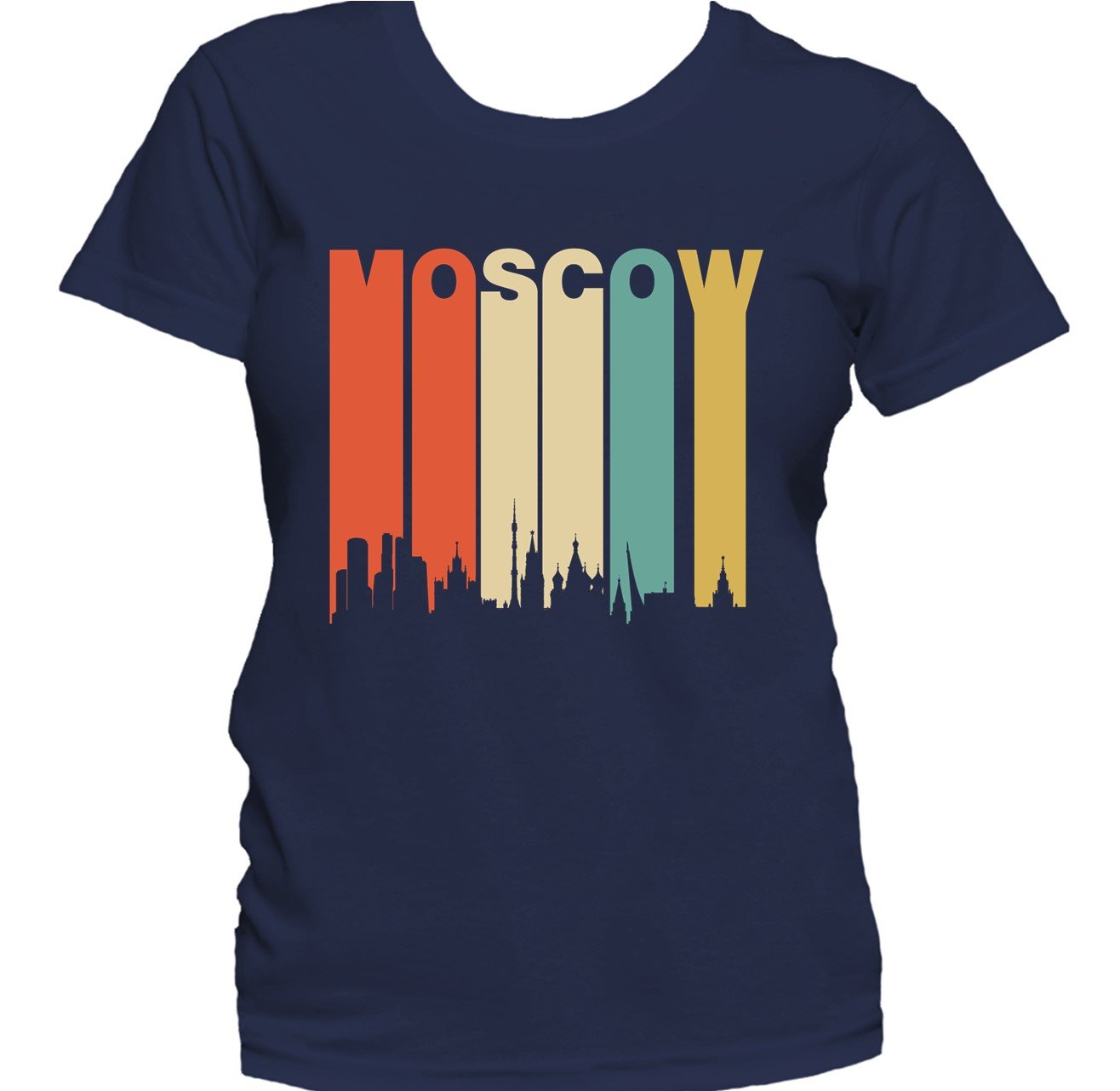 Retro 1970's Style Moscow Russia Cityscape Downtown Skyline Women's T-Shirt
