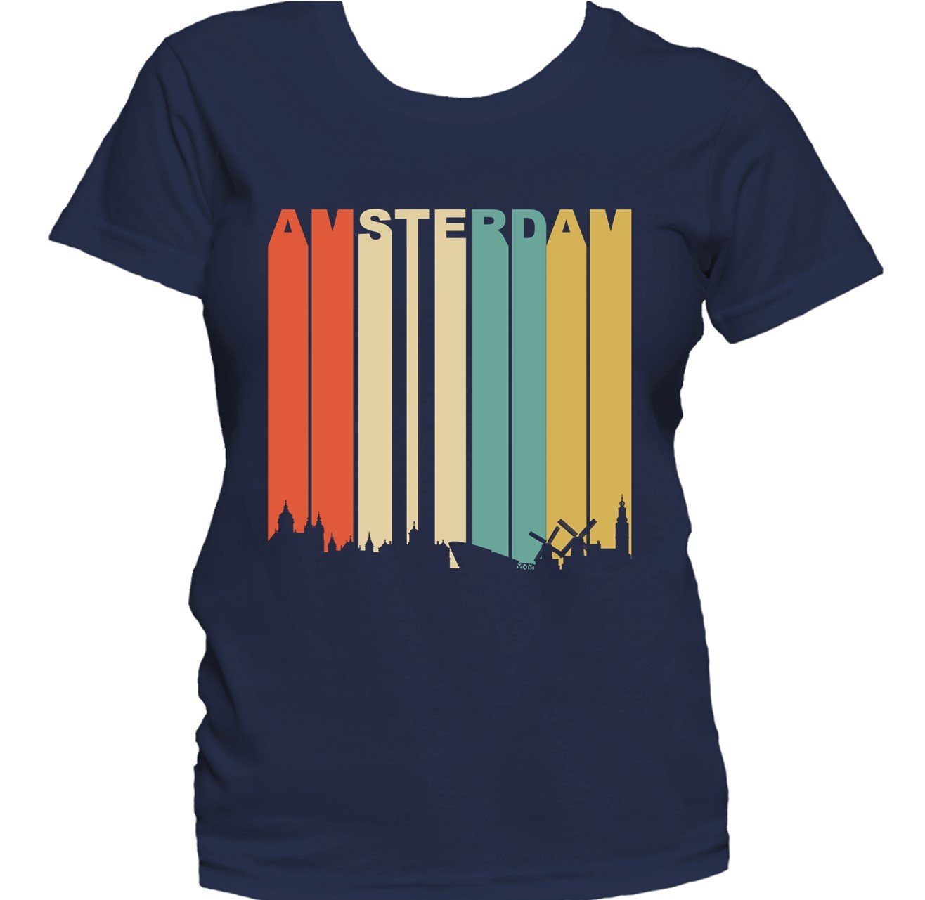 Retro 1970's Style Amsterdam Netherlands Cityscape Downtown Skyline Women's T-Shirt