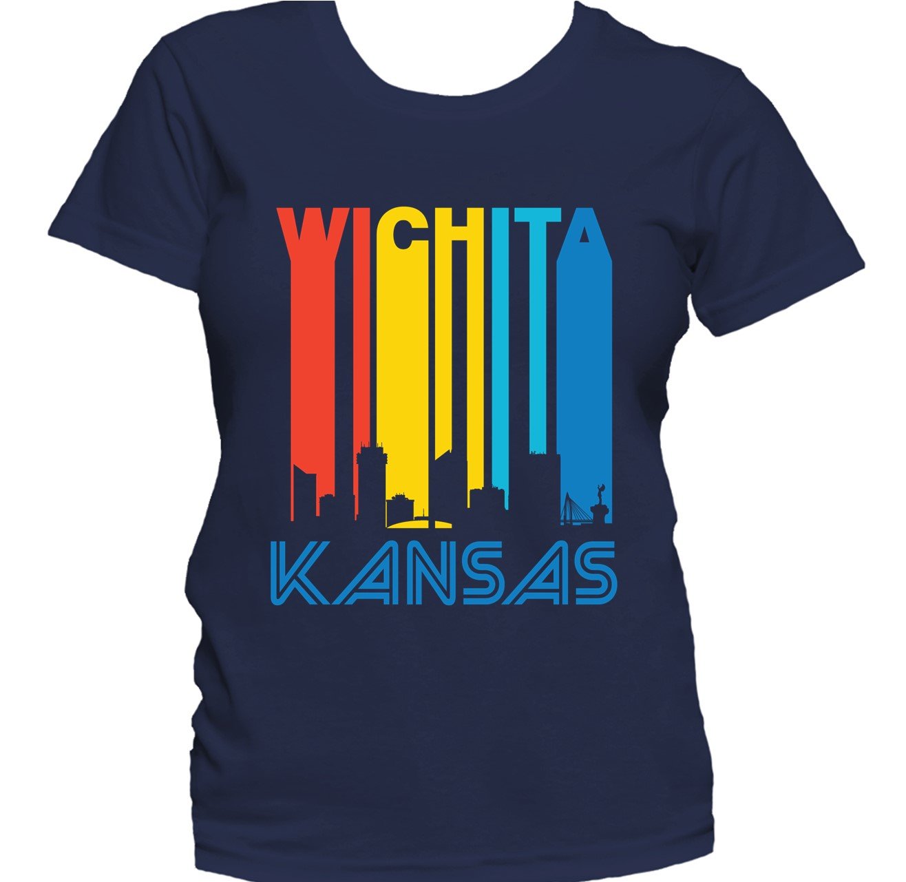 Retro 1970's Style Wichita Kansas Cityscape Downtown Skyline Women's T-Shirt