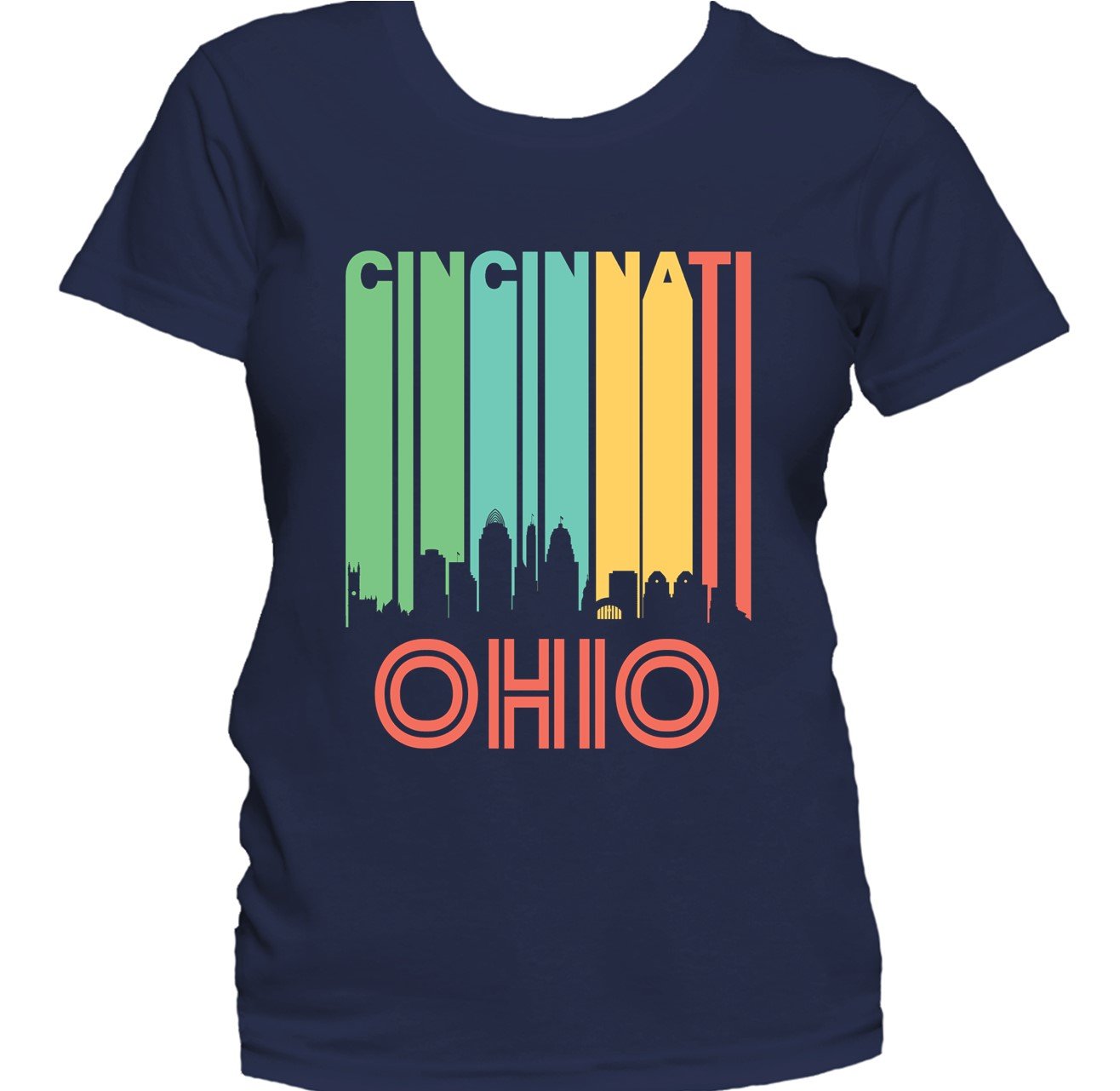 Retro 1970's Style Cincinnati Ohio Cityscape Downtown Skyline Women's T-Shirt