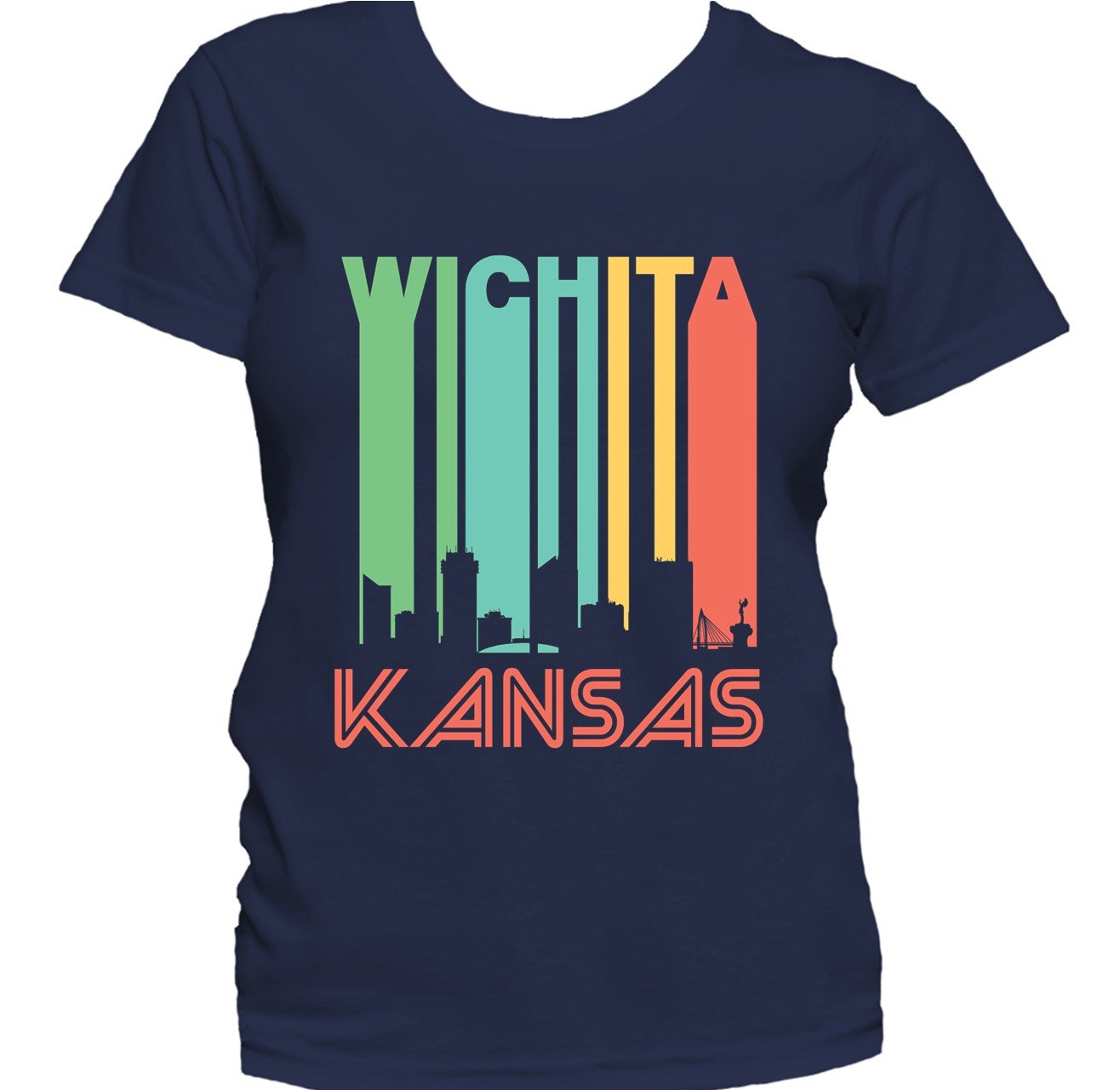 Retro 1970's Style Wichita Kansas Cityscape Downtown Skyline Women's T-Shirt