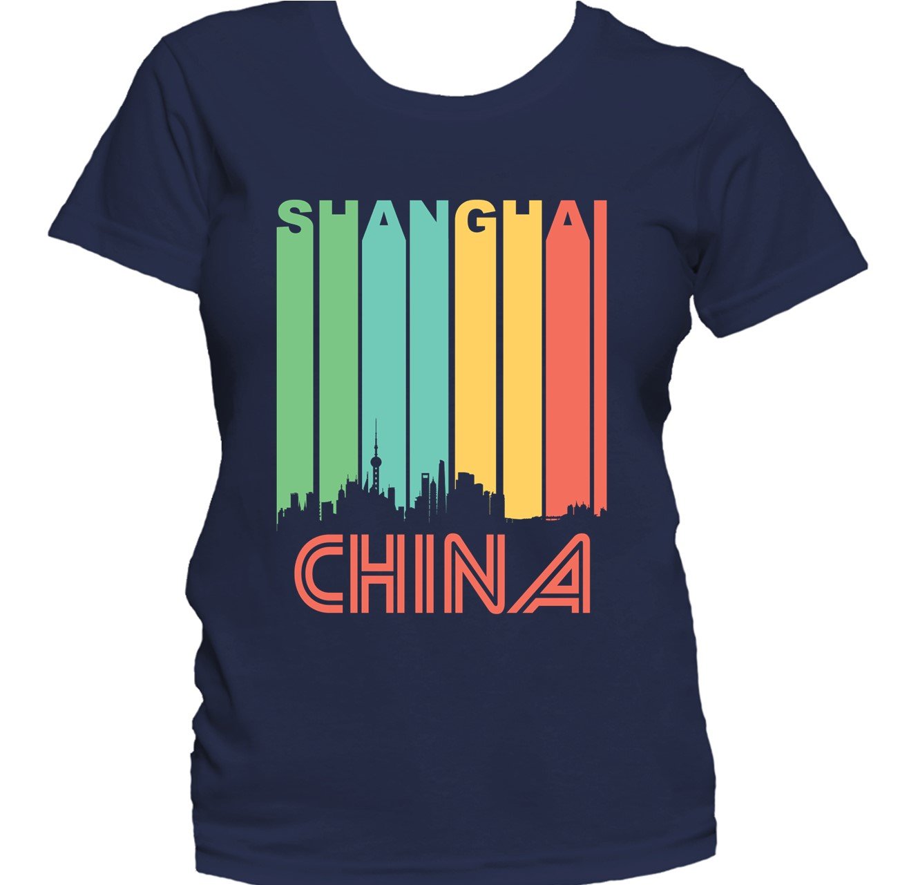 Retro 1970's Style Shanghai China Cityscape Downtown Skyline Women's T-Shirt