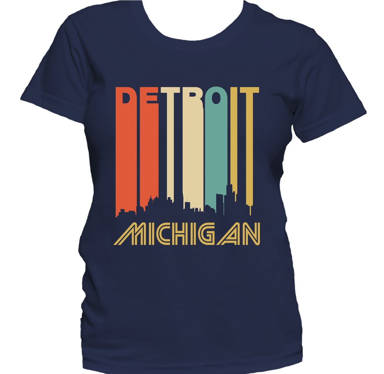 Retro 1970's Style Detroit Michigan Cityscape Downtown Skyline Women's T-Shirt