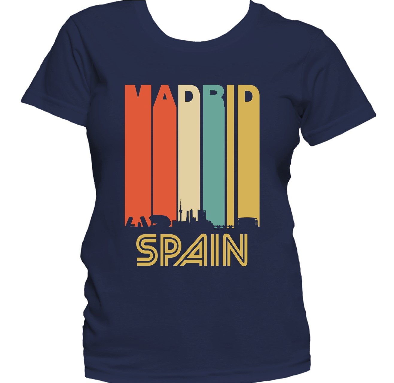 Retro 1970's Style Madrid Spain Cityscape Downtown Skyline Women's T-Shirt