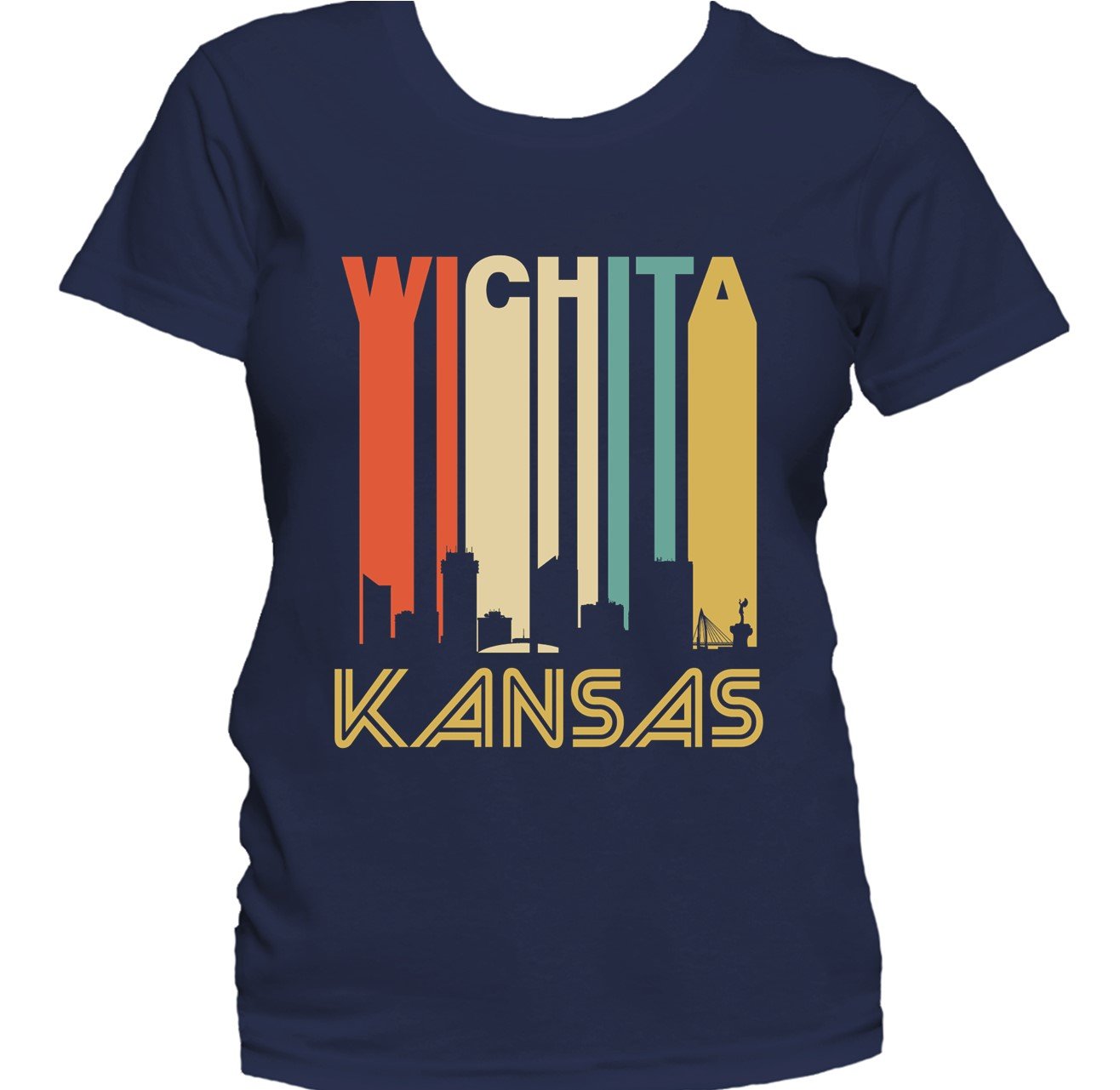 Retro 1970's Style Wichita Kansas Cityscape Downtown Skyline Women's T-Shirt