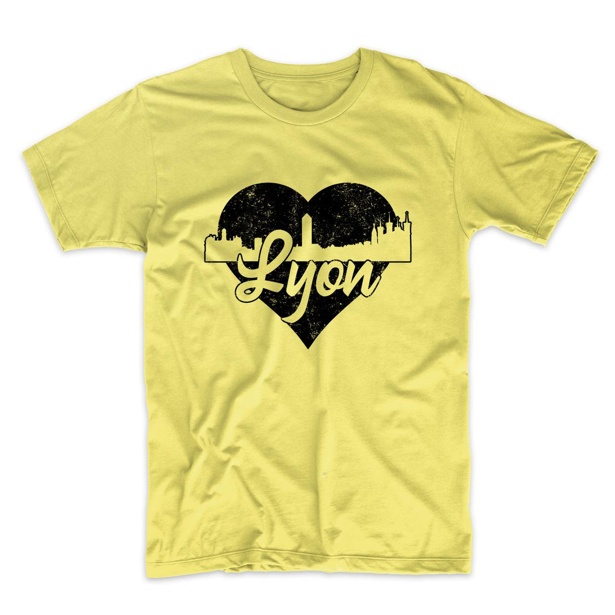 Retro Lyon France Skyline Heart Distressed T-Shirt